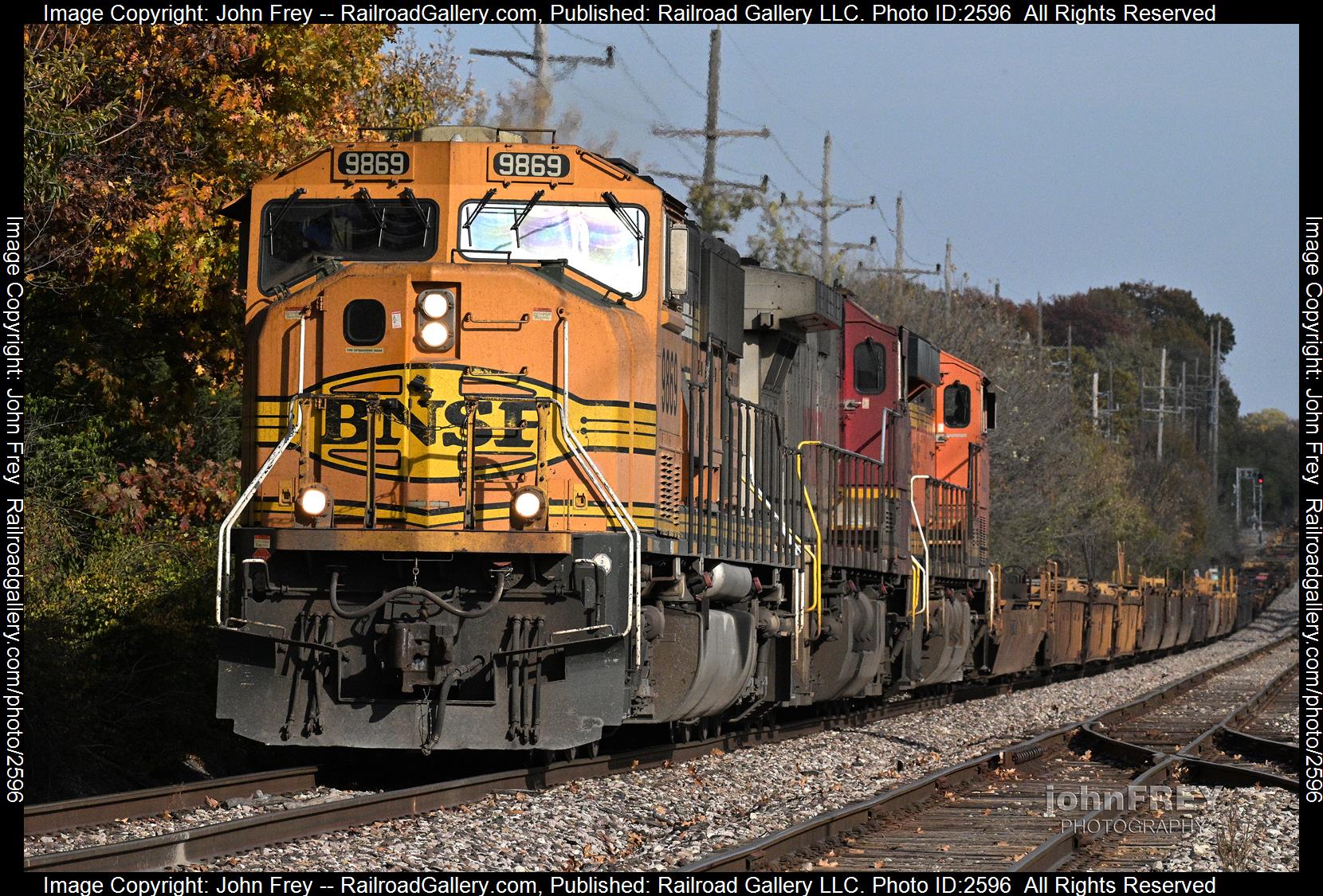 9869 is a class n/a and  is pictured in St. Louis, Missouri, USA.  This was taken along the n/a on the BNSF Railway. Photo Copyright: John Frey uploaded to Railroad Gallery on 12/06/2023. This photograph of 9869 was taken on Monday, November 06, 2023. All Rights Reserved. 