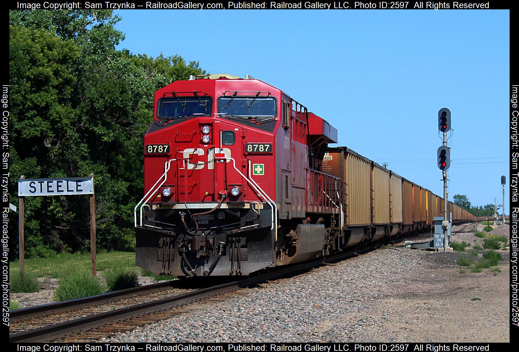 CP 8787 is a class GE ES44AC and  is pictured in Steele, North Dakota, USA.  This was taken along the BNSF Jamestown Subdivision on the Canadian Pacific Railway. Photo Copyright: Sam Trzynka uploaded to Railroad Gallery on 12/06/2023. This photograph of CP 8787 was taken on Wednesday, August 10, 2022. All Rights Reserved. 