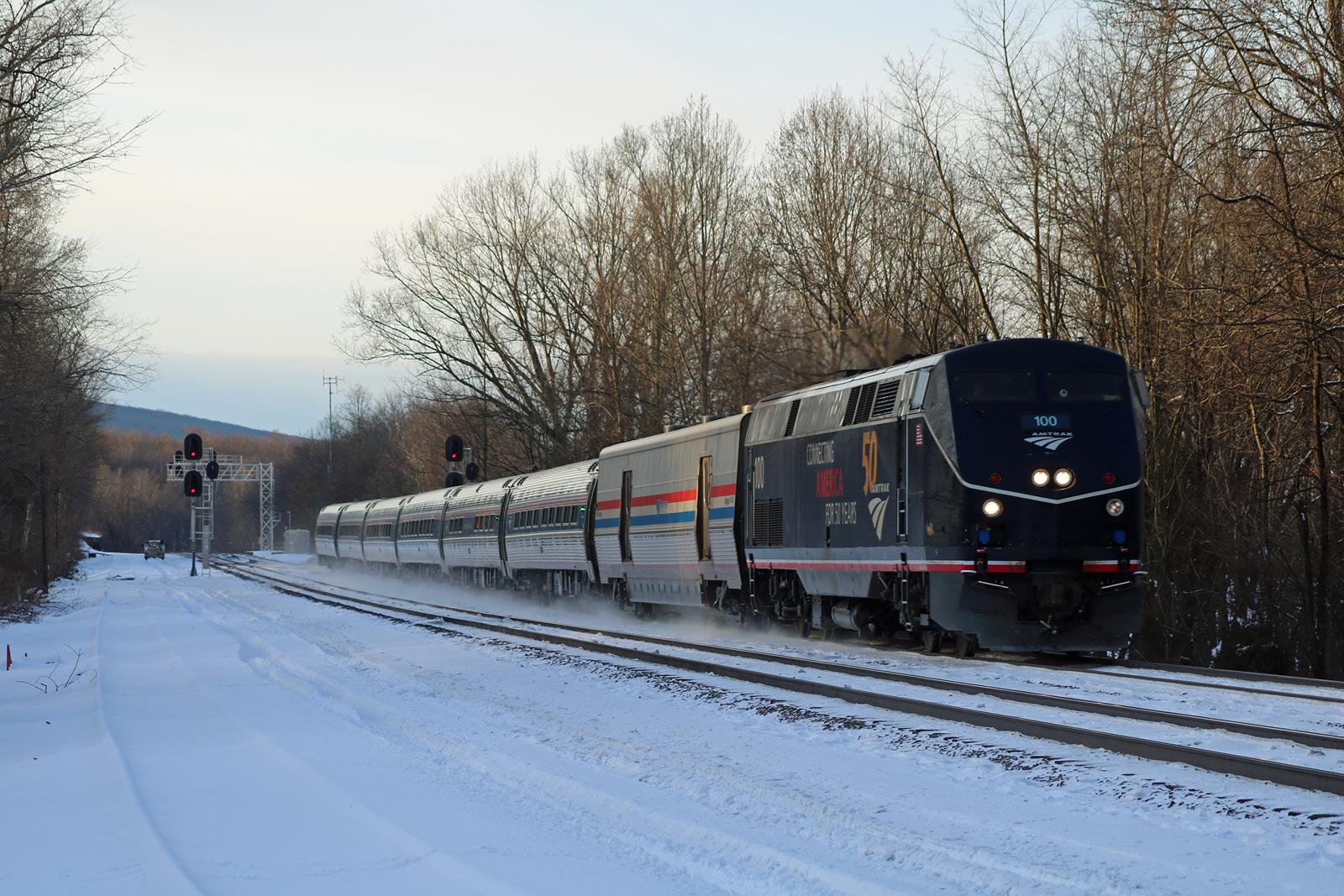 AMTK 100 is a class GE P42DC and  is pictured in Torrance, Pennsylvania, USA.  This was taken along the Pittsburgh Line on the Amtrak. Photo Copyright: Adam Klimchock uploaded to Railroad Gallery on 11/11/2022. This photograph of AMTK 100 was taken on Wednesday, January 19, 2022. All Rights Reserved. 