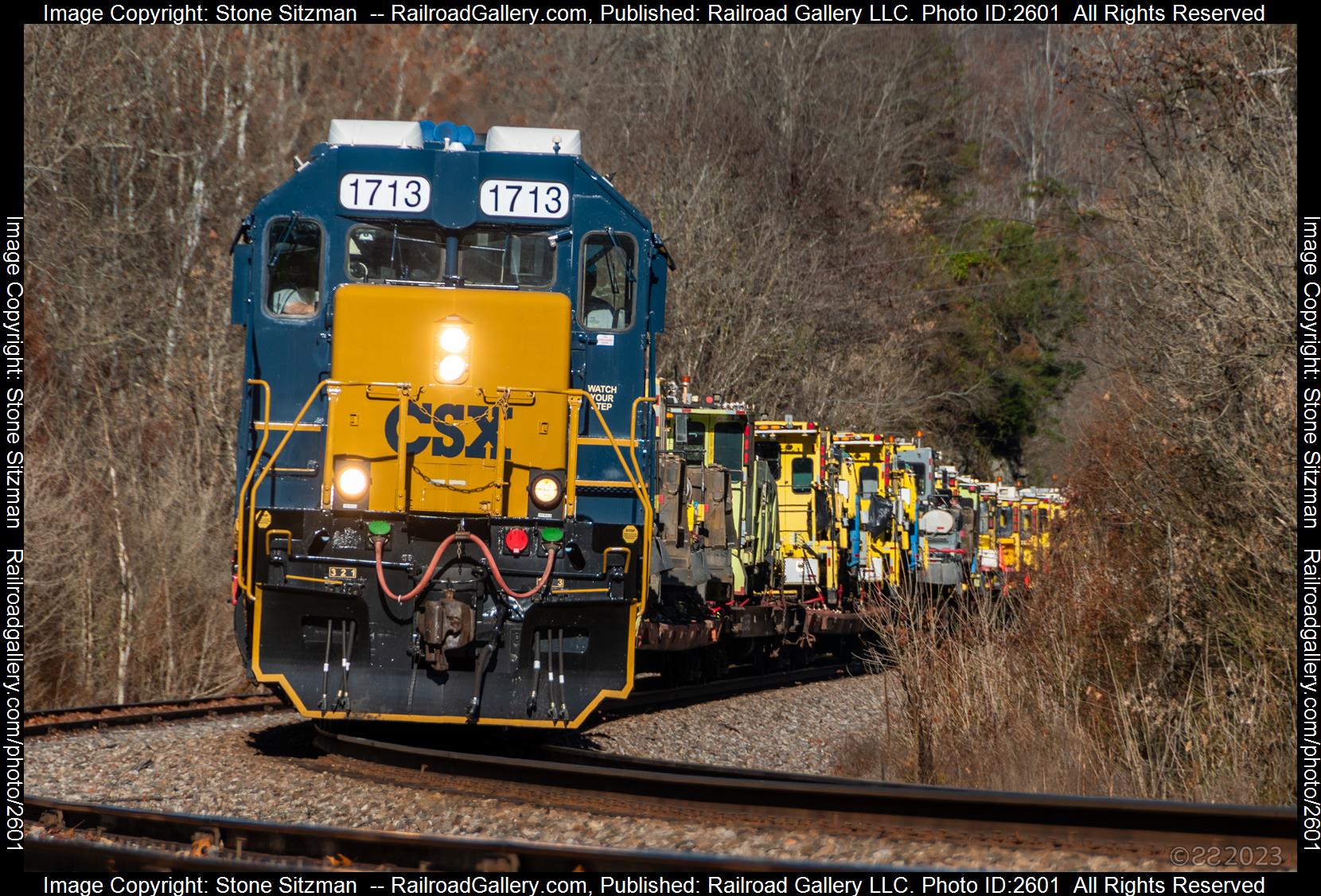 CSXT 1713 is a class EMD SD23T4 and  is pictured in Waycross, Virginia, USA.  This was taken along the Kingsport Subdivision  on the CSX Transportation. Photo Copyright: Stone Sitzman  uploaded to Railroad Gallery on 12/07/2023. This photograph of CSXT 1713 was taken on Sunday, November 19, 2023. All Rights Reserved. 