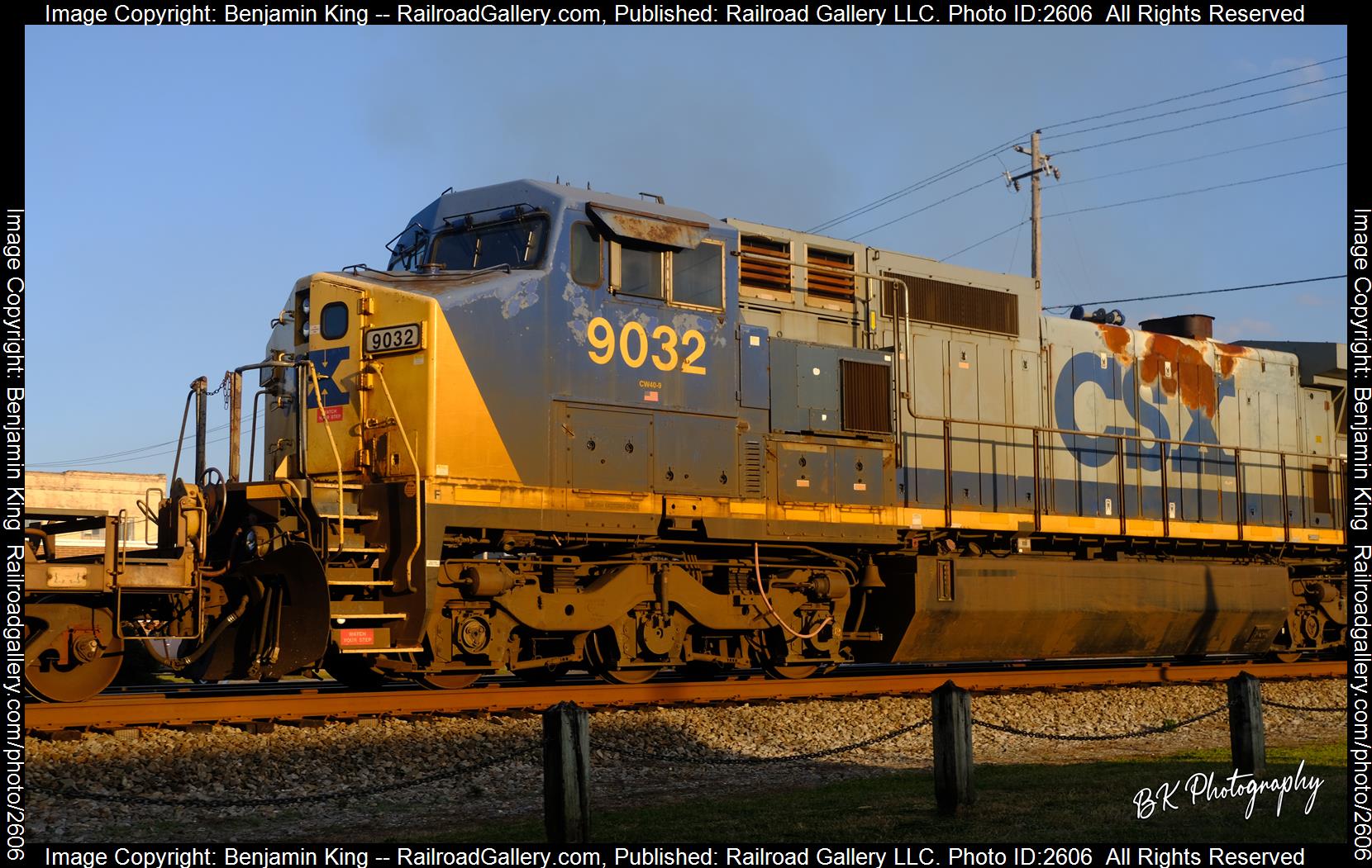 CSXT 9032 is a class GE C40-9W (Dash 9-40CW) and  is pictured in Folkston, Georgia, USA.  This was taken along the CSXT Nahunta Subdivision on the CSX Transportation. Photo Copyright: Benjamin King uploaded to Railroad Gallery on 12/08/2023. This photograph of CSXT 9032 was taken on Saturday, February 26, 2022. All Rights Reserved. 