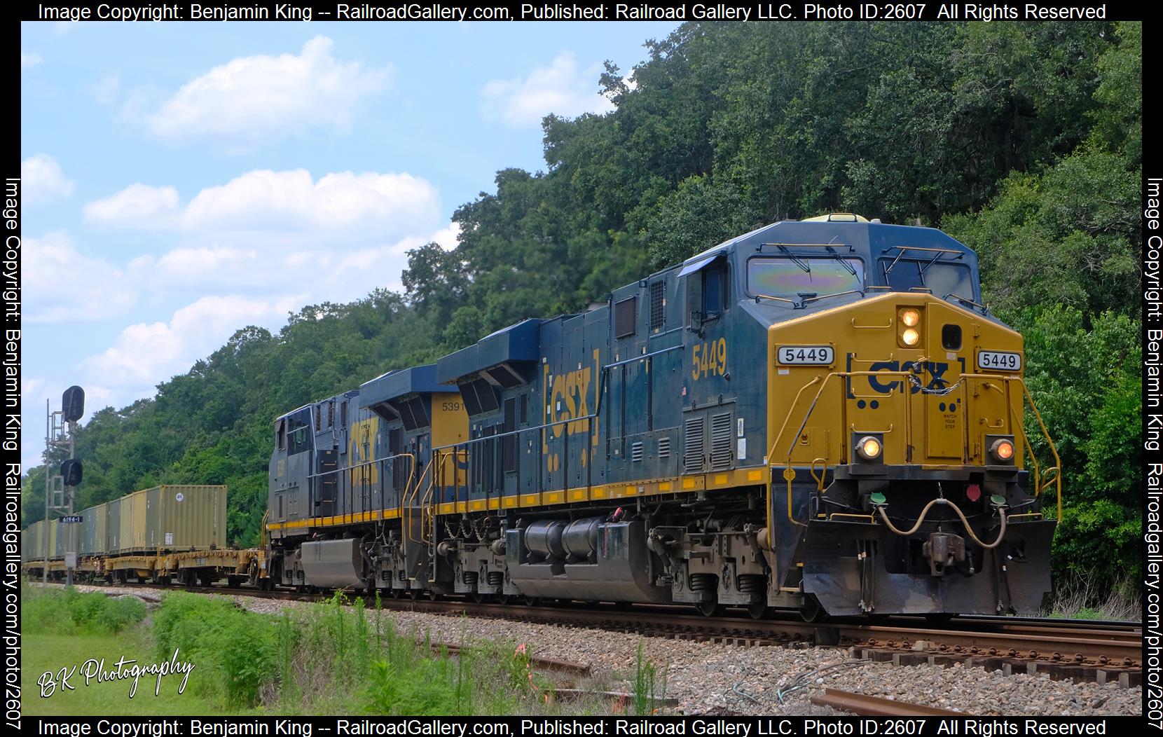 CSXT 5449 is a class GE ES40DC and  is pictured in Dyal, Florida, USA.  This was taken along the CSXT Nahunta Subdivision on the CSX Transportation. Photo Copyright: Benjamin King uploaded to Railroad Gallery on 12/08/2023. This photograph of CSXT 5449 was taken on Friday, June 10, 2022. All Rights Reserved. 