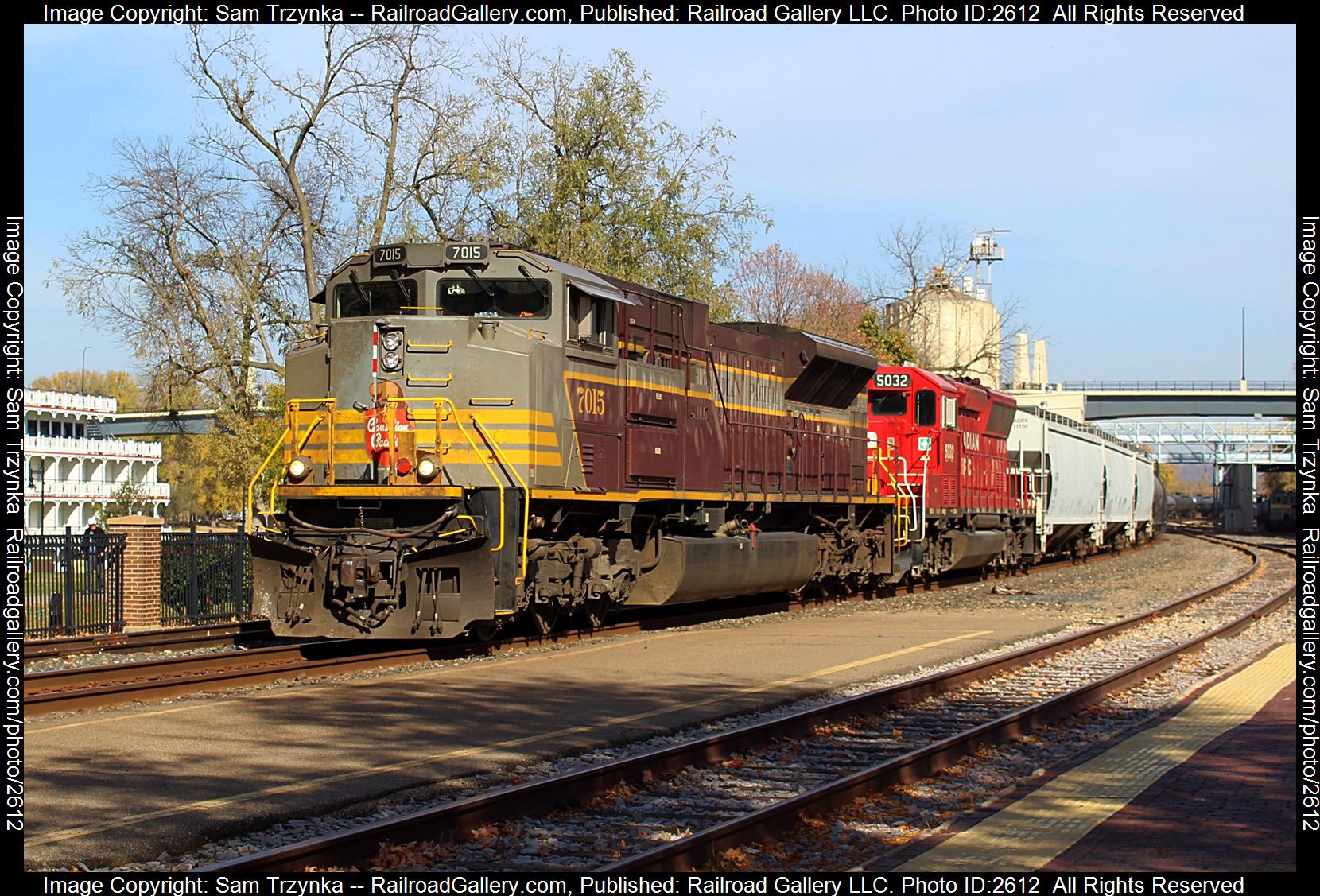 CP 7015 is a class EMD SD70ACU and  is pictured in Red Wing, Minnesota, USA.  This was taken along the CP River Subdivision on the Canadian Pacific Railway. Photo Copyright: Sam Trzynka uploaded to Railroad Gallery on 12/08/2023. This photograph of CP 7015 was taken on Saturday, October 22, 2022. All Rights Reserved. 