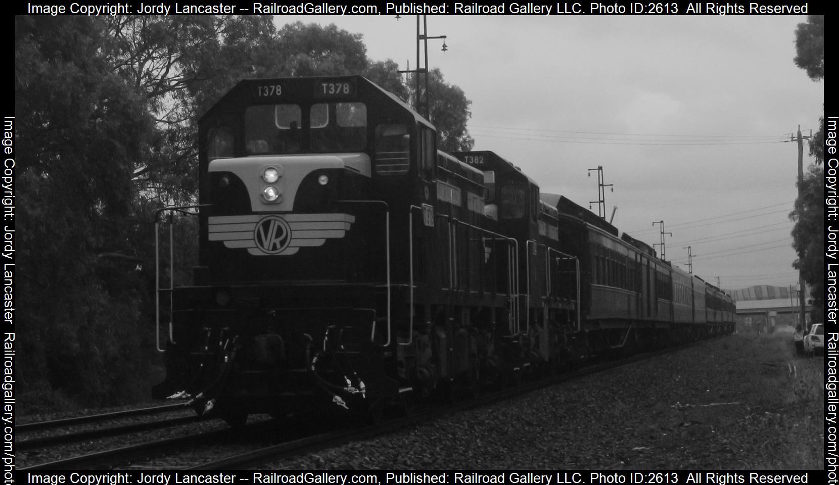 SRHC T378 + T382 is a class EMD G8B and  is pictured in Spotswood/South Kingsville, Victoria, Australia.  This was taken along the Newport - Sunshine Freight on the Seymour Railway Heritage Centre. Photo Copyright: Jordy Lancaster uploaded to Railroad Gallery on 12/08/2023. This photograph of SRHC T378 + T382 was taken on Saturday, December 09, 2023. All Rights Reserved. 