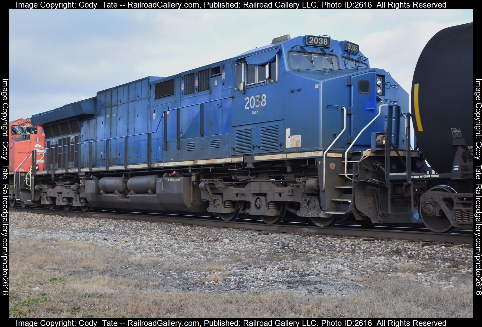 GECX 2038 is a class ET44AC and  is pictured in Effingham , Illinois, USA.  This was taken along the Champaign subdivision  on the Canadian National Railway. Photo Copyright: Cody  Tate uploaded to Railroad Gallery on 12/09/2023. This photograph of GECX 2038 was taken on Sunday, December 03, 2023. All Rights Reserved. 