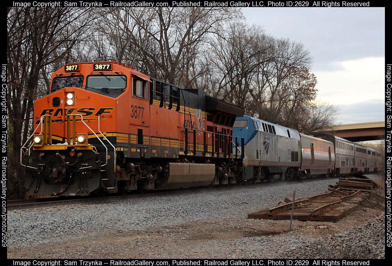 BNSF 3877 is a class GE ET44C4 and  is pictured in St. Paul Park, Minnesota, USA.  This was taken along the BNSF St. Paul Subdivision on the BNSF Railway. Photo Copyright: Sam Trzynka uploaded to Railroad Gallery on 12/10/2023. This photograph of BNSF 3877 was taken on Saturday, November 05, 2022. All Rights Reserved. 