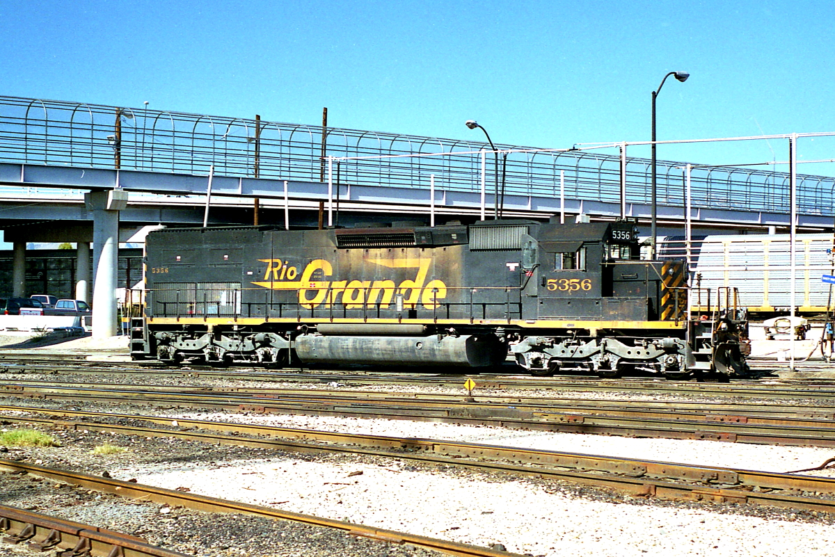 DRGW 5356 is a class EMD SD40T-2 and  is pictured in Tucson, Arizona, USA.  This was taken along the Tucson/SP on the Denver and Rio Grande Western Railroad. Photo Copyright: Rick Doughty uploaded to Railroad Gallery on 12/11/2023. This photograph of DRGW 5356 was taken on Sunday, January 16, 2000. All Rights Reserved. 