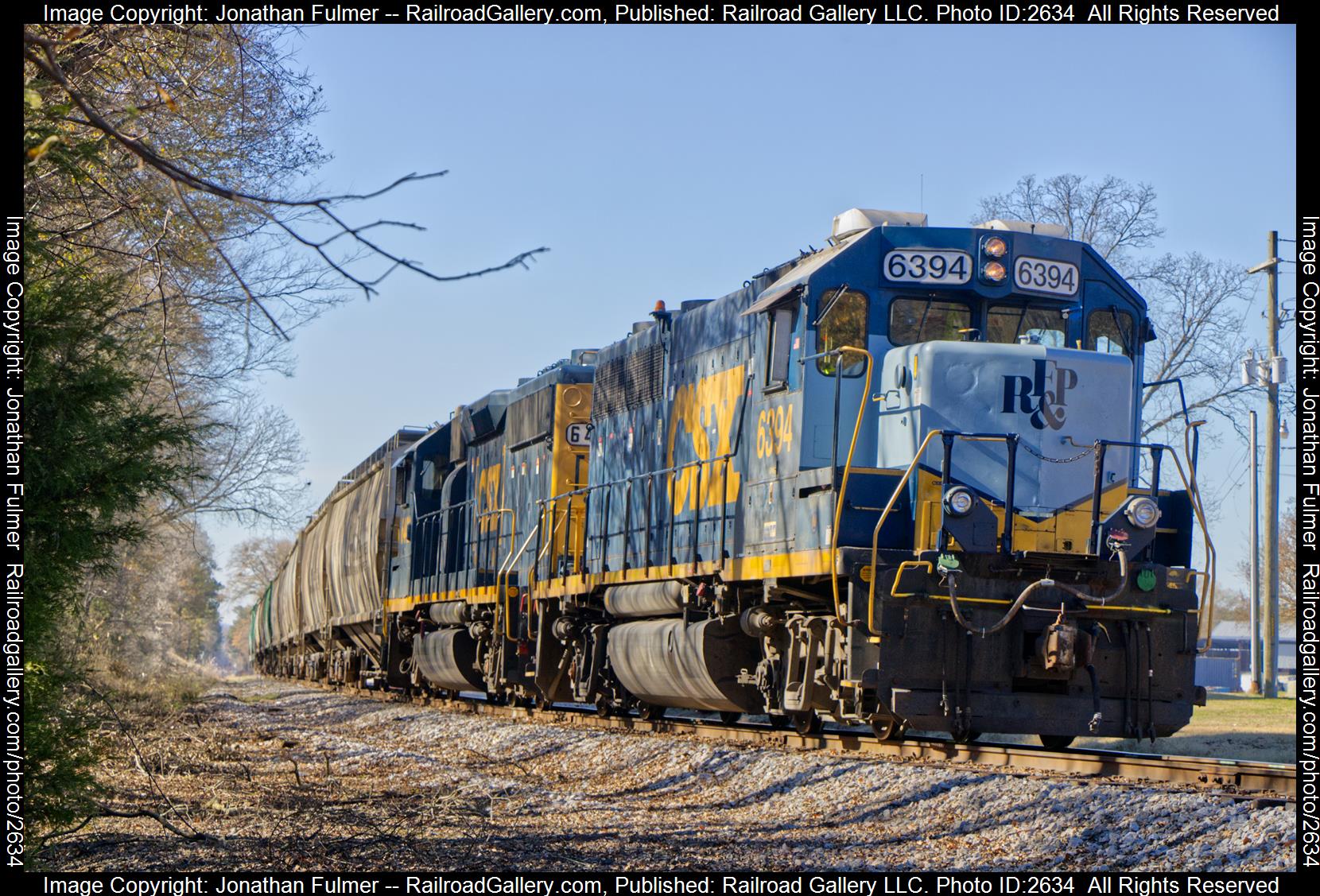 CSX 6394 is a class EMD GP40-2 and  is pictured in Stilesboro, Georgia, United States.  This was taken along the CSX Cartersville Sub on the CSX Transportation. Photo Copyright: Jonathan Fulmer uploaded to Railroad Gallery on 12/11/2023. This photograph of CSX 6394 was taken on Thursday, December 07, 2023. All Rights Reserved. 