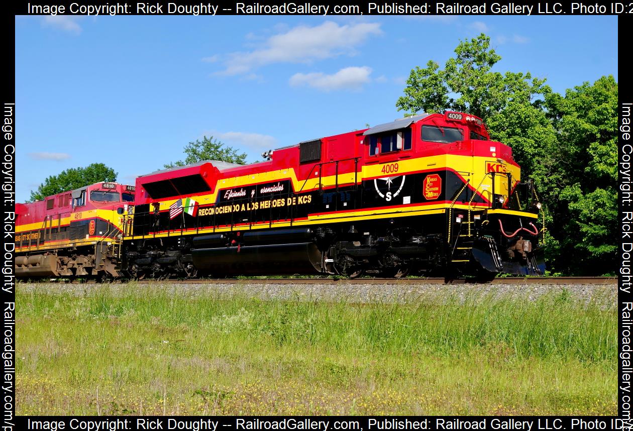 KCS 4009 is a class EMD SD70ACe and  is pictured in Watts, Oklahoma, USA.  This was taken along the Heavener/KCS on the Kansas City Southern Railway. Photo Copyright: Rick Doughty uploaded to Railroad Gallery on 12/12/2023. This photograph of KCS 4009 was taken on Tuesday, May 19, 2020. All Rights Reserved. 