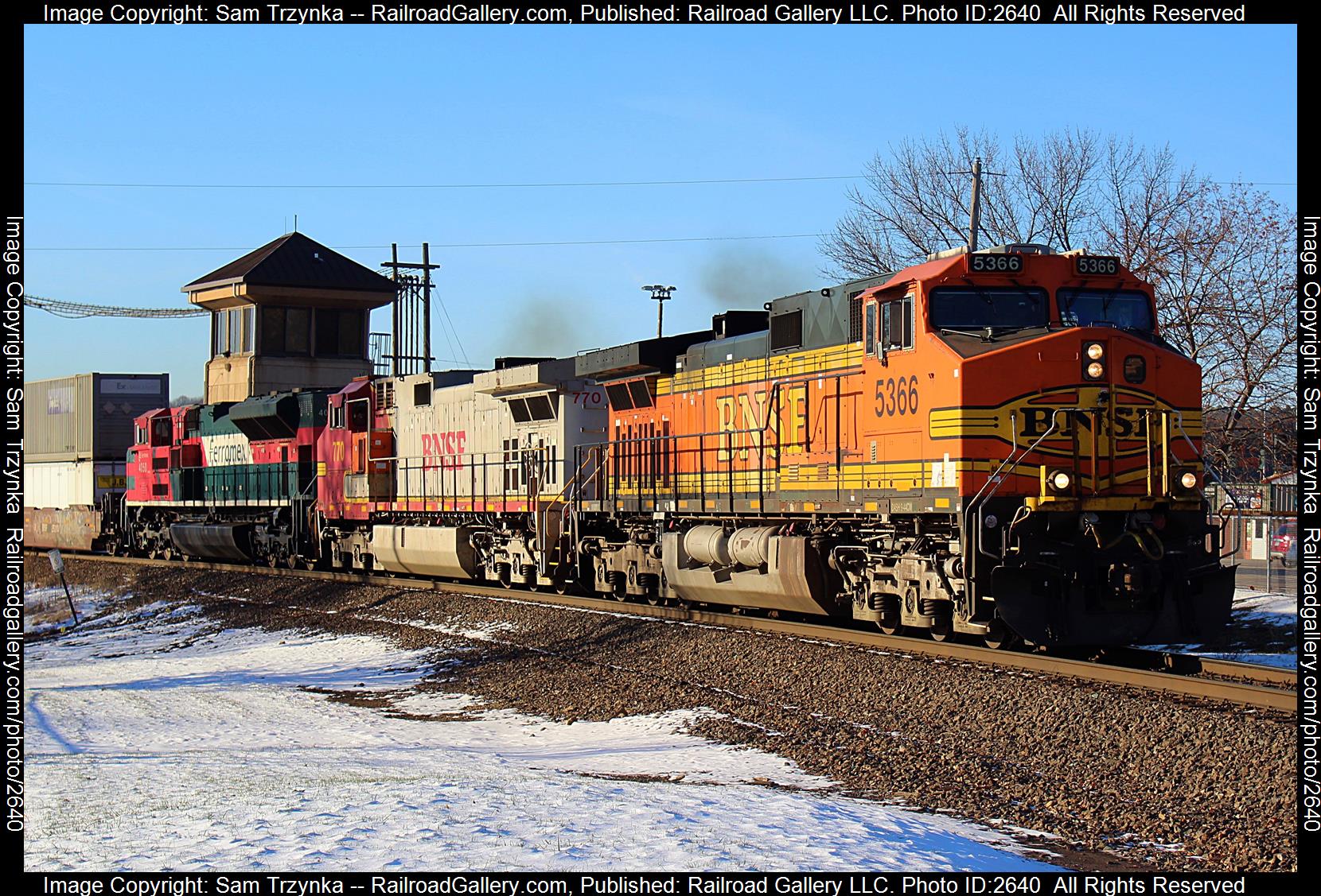 BNSF 5366 is a class GE C44-9W (Dash 9-44CW) and  is pictured in Prescott, Wisconsin, USA.  This was taken along the BNSF St. Croix Subdivision on the BNSF Railway. Photo Copyright: Sam Trzynka uploaded to Railroad Gallery on 12/12/2023. This photograph of BNSF 5366 was taken on Sunday, November 20, 2022. All Rights Reserved. 