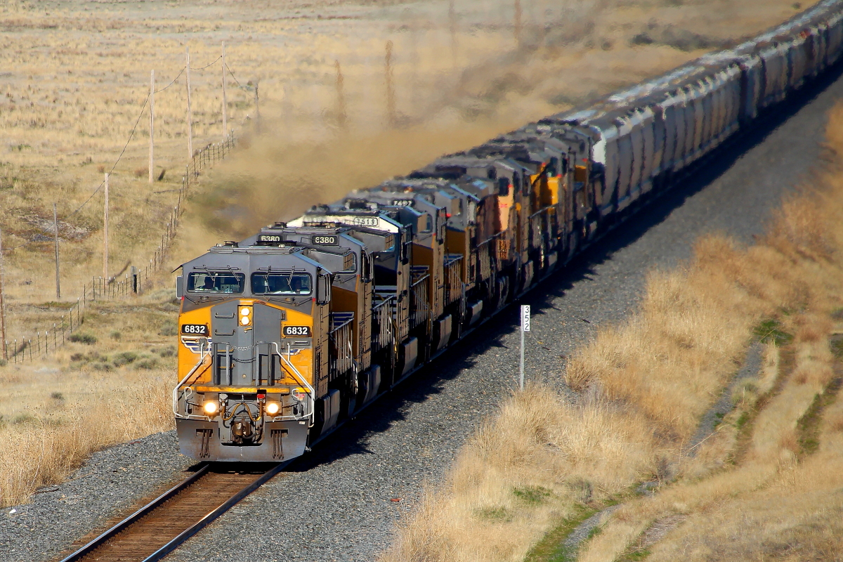 UP 6832 is a class GE AC4400CW and  is pictured in Bliss, Idaho, USA.  This was taken along the Nampa/UP on the Union Pacific Railroad. Photo Copyright: Rick Doughty uploaded to Railroad Gallery on 12/13/2023. This photograph of UP 6832 was taken on Wednesday, April 26, 2023. All Rights Reserved. 