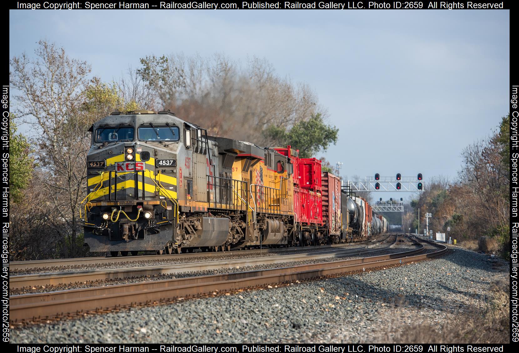 KCSM 4537 is a class GE AC4400CW and  is pictured in Goshen, Indiana, USA.  This was taken along the Chicago Line on the Norfolk Southern. Photo Copyright: Spencer Harman uploaded to Railroad Gallery on 12/14/2023. This photograph of KCSM 4537 was taken on Monday, November 06, 2023. All Rights Reserved. 