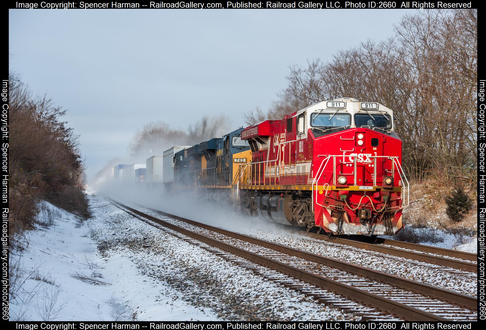 CSXT 911 is a class GE ES44AC and  is pictured in Avilla, Indiana, USA.  This was taken along the Garrett Subdivision on the CSX Transportation. Photo Copyright: Spencer Harman uploaded to Railroad Gallery on 12/14/2023. This photograph of CSXT 911 was taken on Tuesday, November 28, 2023. All Rights Reserved. 