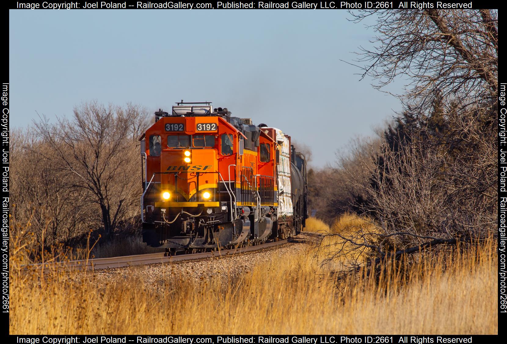 BNSF 3192 is a class EMD GP50 and  is pictured in Harvard, Nebraska, USA.  This was taken along the Hastings Sub on the BNSF Railway. Photo Copyright: Joel Poland uploaded to Railroad Gallery on 12/14/2023. This photograph of BNSF 3192 was taken on Saturday, December 17, 2022. All Rights Reserved. 