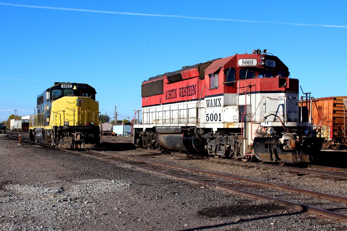 WAMX 5001 is a class EMD GP50 and  is pictured in Rupert, Idaho, USA.  This was taken along the Twin Falls/EIRR on the Eastern Idaho Railroad. Photo Copyright: Rick Doughty uploaded to Railroad Gallery on 12/14/2023. This photograph of WAMX 5001 was taken on Wednesday, October 18, 2023. All Rights Reserved. 