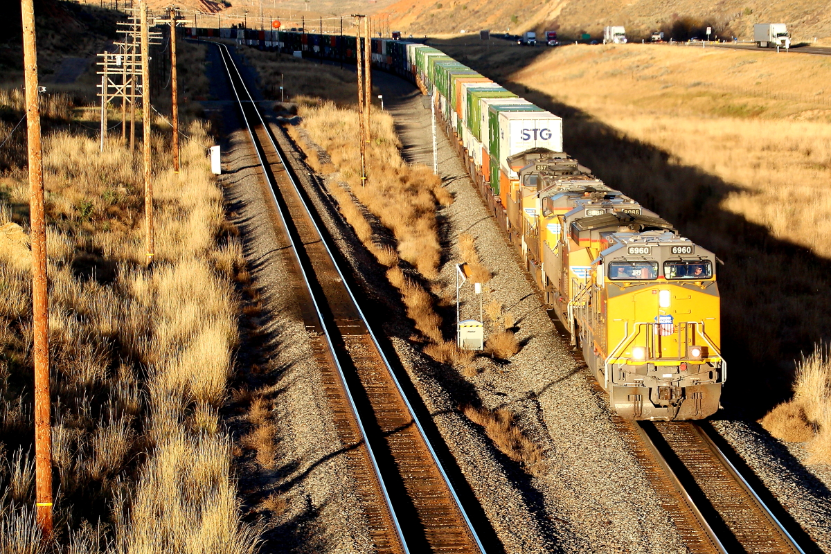 UP 6960 is a class GE AC6044CW and  is pictured in Echo, Utah, USA.  This was taken along the Evanston/UP on the Union Pacific Railroad. Photo Copyright: Rick Doughty uploaded to Railroad Gallery on 12/14/2023. This photograph of UP 6960 was taken on Wednesday, October 18, 2023. All Rights Reserved. 