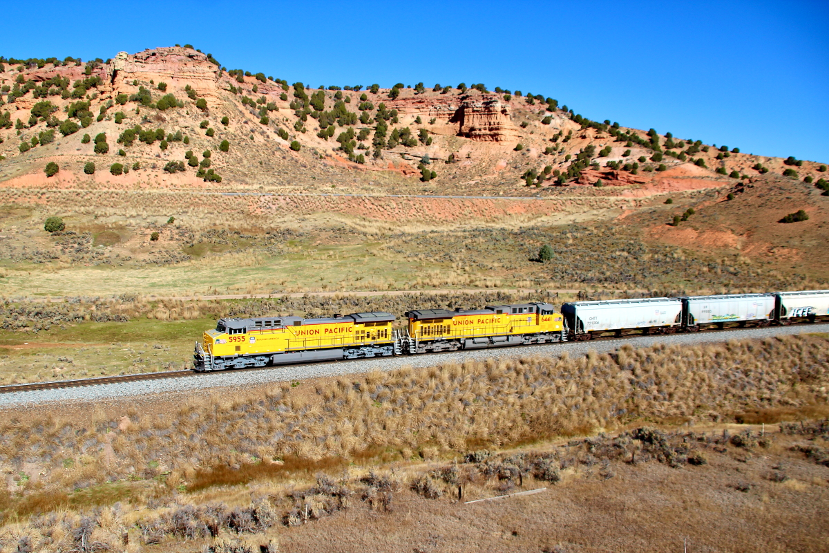 UP 5955 is a class GE AC4400CW-CTE and  is pictured in Echo, Utah, USA.  This was taken along the Evanston/UP on the Union Pacific Railroad. Photo Copyright: Rick Doughty uploaded to Railroad Gallery on 12/14/2023. This photograph of UP 5955 was taken on Wednesday, October 18, 2023. All Rights Reserved. 