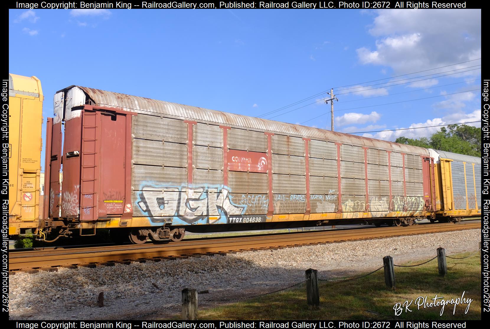 TTGX 604636 is a class 89ft Bi-Level Autorack and  is pictured in Folkston, Georgia, USA.  This was taken along the CSXT Nahunta Subdivision on the CSXT. Photo Copyright: Benjamin King uploaded to Railroad Gallery on 12/15/2023. This photograph of TTGX 604636 was taken on Sunday, May 08, 2022. All Rights Reserved. 