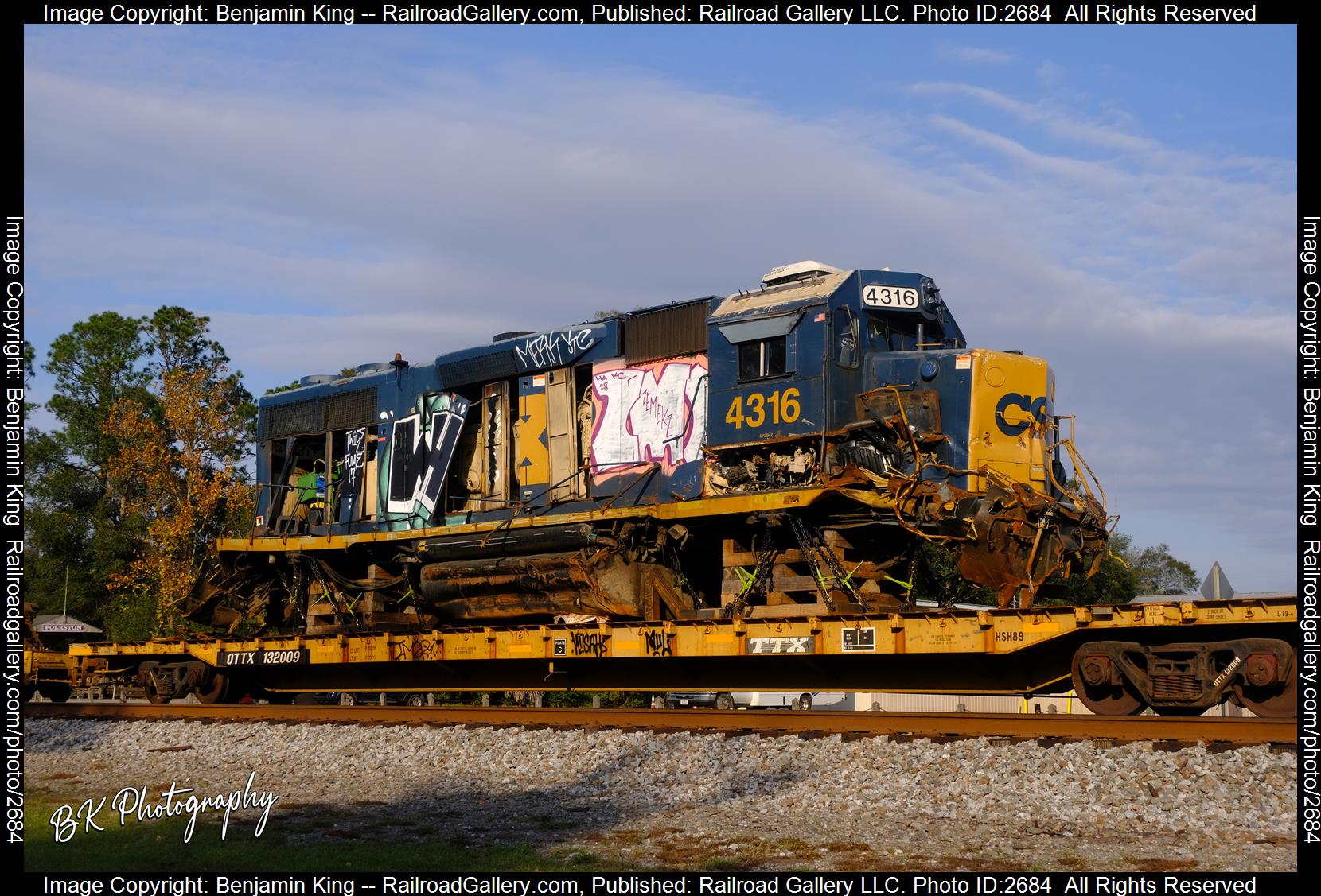 CSXT 4316 is a class EMD GP39-2 and  is pictured in Folkston, Georgia, USA.  This was taken along the CSXT Nahunta Subdivision on the CSX Transportation. Photo Copyright: Benjamin King uploaded to Railroad Gallery on 12/16/2023. This photograph of CSXT 4316 was taken on Sunday, December 04, 2022. All Rights Reserved. 