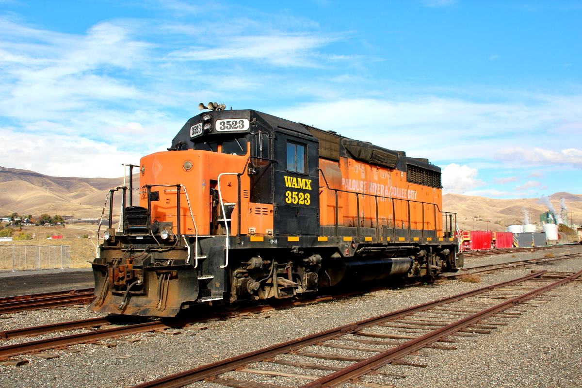 WAMX 3523 is a class EMD GP35 and  is pictured in Lewiston, Idaho, USA.  This was taken along the Palouse River and Coulee City Railroad. Photo Copyright: Rick Doughty uploaded to Railroad Gallery on 12/16/2023. This photograph of WAMX 3523 was taken on Saturday, October 23, 2021. All Rights Reserved. 