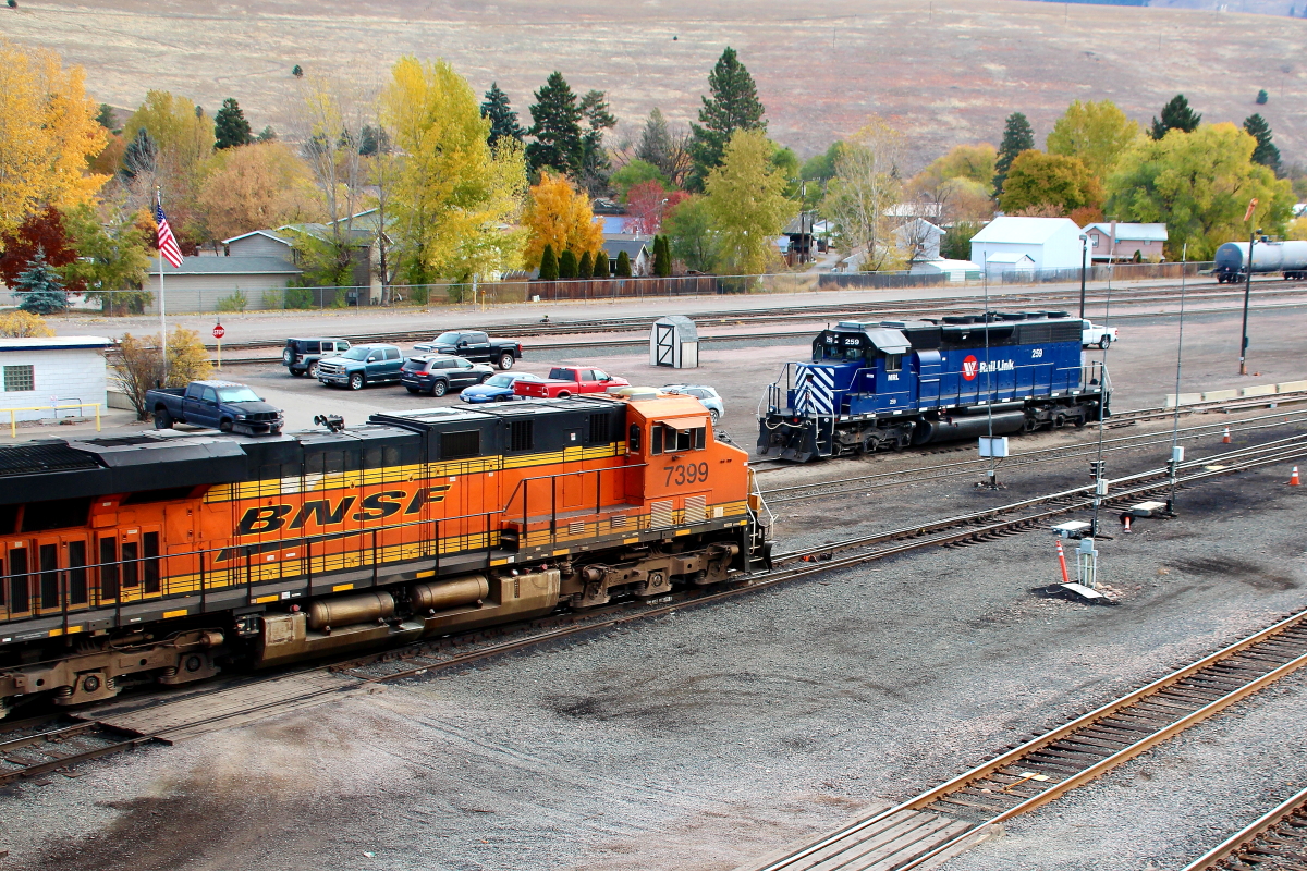 BNSF 7399 is a class GE ES44AC and  is pictured in Missoula, Montana, USA.  This was taken along the 4th Sub/MRL on the BNSF Railway. Photo Copyright: Rick Doughty uploaded to Railroad Gallery on 12/16/2023. This photograph of BNSF 7399 was taken on Wednesday, October 20, 2021. All Rights Reserved. 