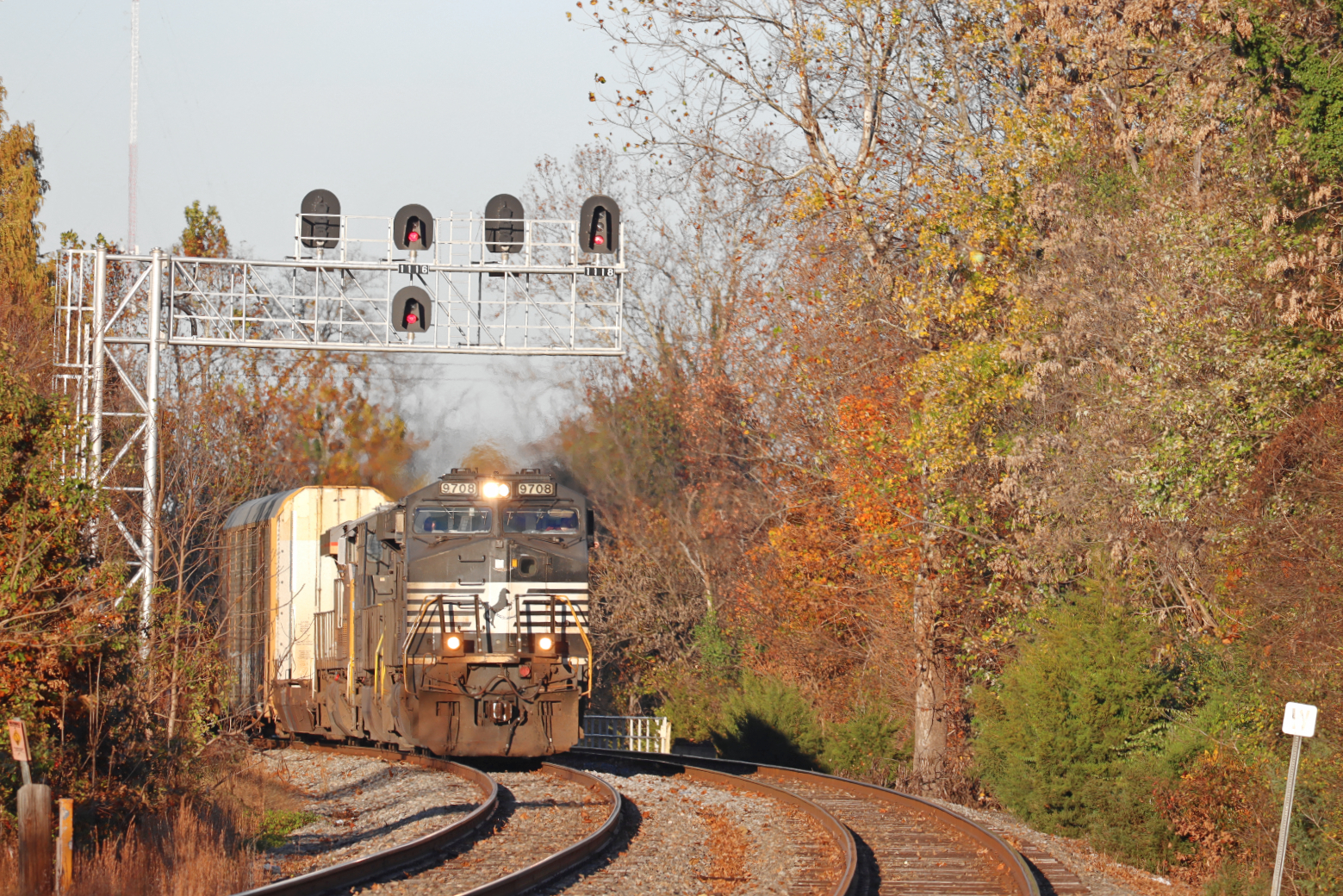 NS 9708 is a class GE C40-9W (Dash 9-40CW) and  is pictured in Charlottesville, VA, United States.  This was taken along the NS Washington District  on the Norfolk Southern. Photo Copyright: Robby Lefkowitz uploaded to Railroad Gallery on 11/11/2022. This photograph of NS 9708 was taken on Wednesday, November 09, 2022. All Rights Reserved. 