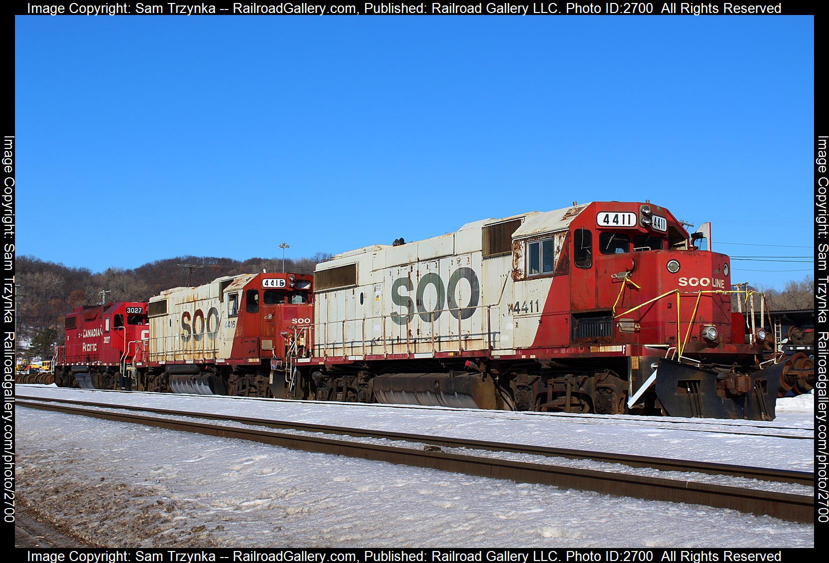 SOO 4412 is a class EMD GP38-2 and  is pictured in St. Paul, Minnesota, USA.  This was taken along the N/A on the Canadian Pacific Railway. Photo Copyright: Sam Trzynka uploaded to Railroad Gallery on 12/16/2023. This photograph of SOO 4412 was taken on Sunday, February 05, 2023. All Rights Reserved. 