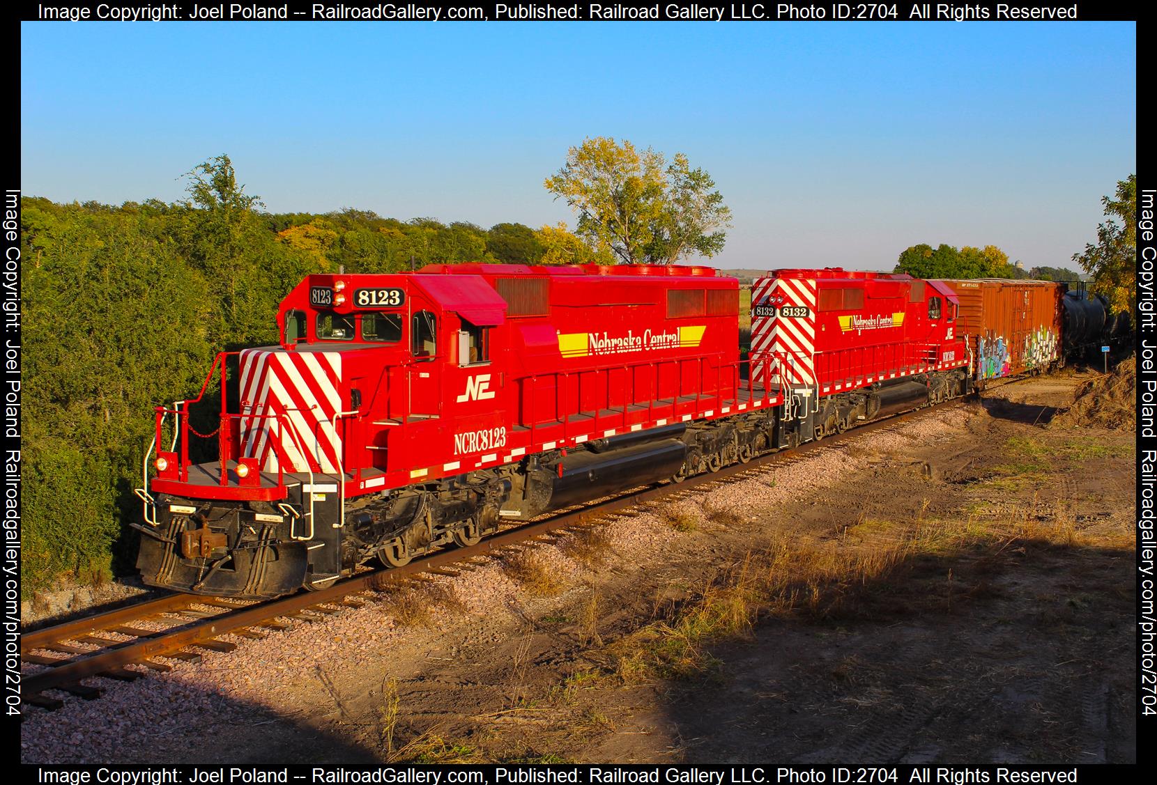 NCRC 8123 is a class EMD SD40-2 and  is pictured in South Saunders, Nebraska, USA.  This was taken along the Ord Sub on the Nebraska Central Railroad. Photo Copyright: Joel Poland uploaded to Railroad Gallery on 12/17/2023. This photograph of NCRC 8123 was taken on Monday, September 27, 2021. All Rights Reserved. 