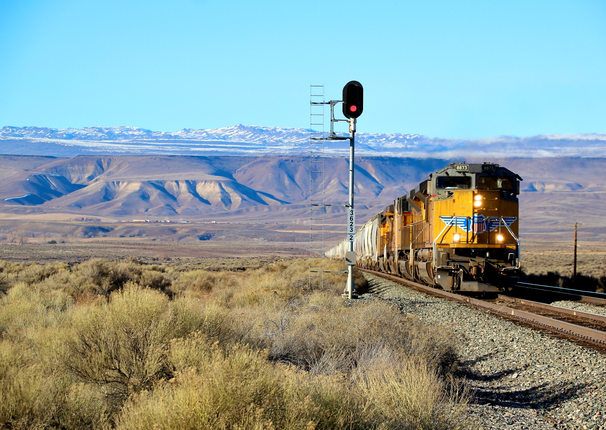 UP 8873 is a class EMD SD70ACe and  is pictured in King Hill, Idaho, USA.  This was taken along the Nampa/UP on the Union Pacific Railroad. Photo Copyright: Rick Doughty uploaded to Railroad Gallery on 12/17/2023. This photograph of UP 8873 was taken on Friday, February 18, 2022. All Rights Reserved. 