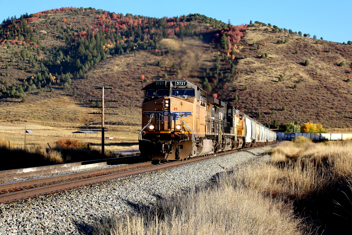 UP 5727 is a class GE AC4400CW-CTE and  is pictured in Lava Hot Springs, Idaho, USA.  This was taken along the Pocatello/UP on the Union Pacific Railroad. Photo Copyright: Rick Doughty uploaded to Railroad Gallery on 12/17/2023. This photograph of UP 5727 was taken on Friday, October 14, 2022. All Rights Reserved. 