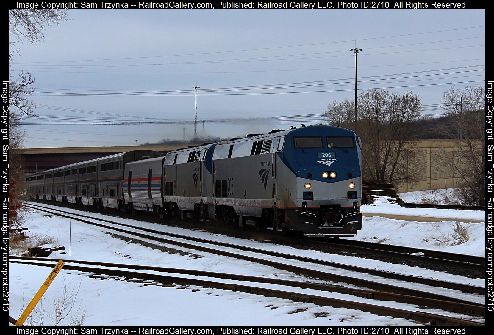 AMTK 206 is a class GE P42DC and  is pictured in Newport, Minnesota, USA.  This was taken along the BNSF St. Paul Subdivision on the Amtrak. Photo Copyright: Sam Trzynka uploaded to Railroad Gallery on 12/17/2023. This photograph of AMTK 206 was taken on Thursday, March 02, 2023. All Rights Reserved. 