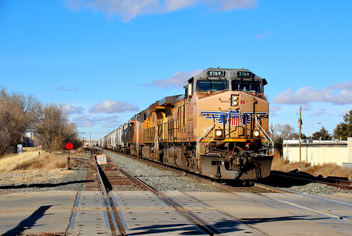 UP 5769 is a class GE AC4400CW-CTE and  is pictured in Mountain Home, Idaho, USA.  This was taken along the Nampa/UP on the Union Pacific Railroad. Photo Copyright: Rick Doughty uploaded to Railroad Gallery on 12/18/2023. This photograph of UP 5769 was taken on Friday, December 02, 2022. All Rights Reserved. 