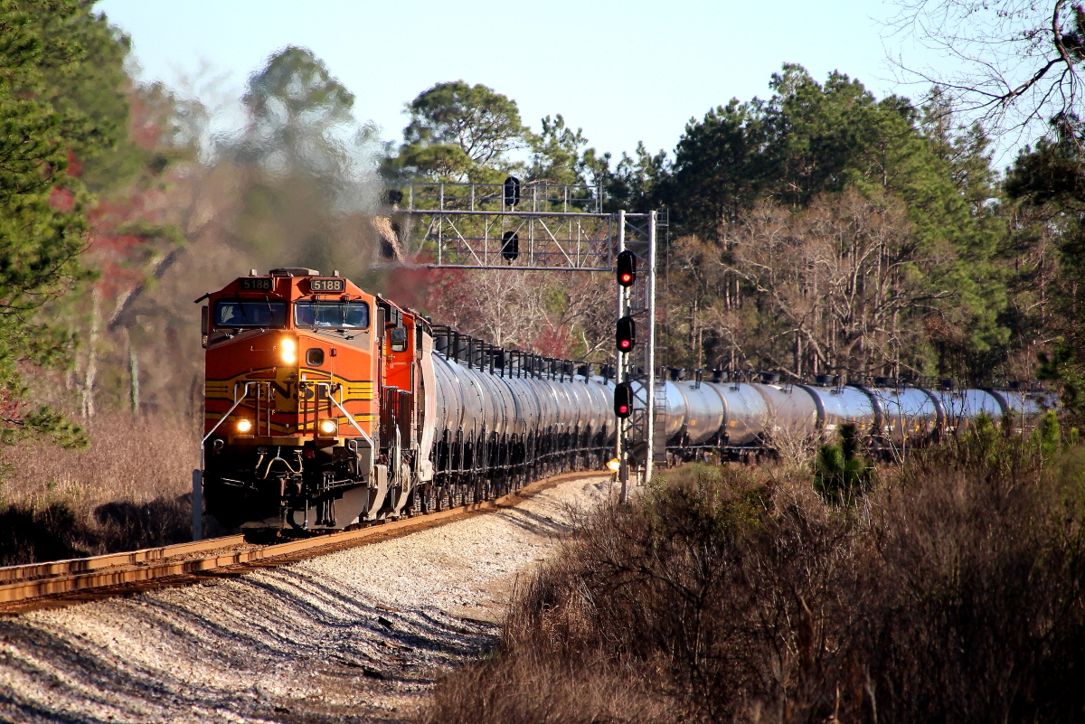 BNSF 5188 is a class GE ES44AC and  is pictured in Folkston, Georgia, USA.  This was taken along the Folkston/CSX on the BNSF Railway. Photo Copyright: Rick Doughty uploaded to Railroad Gallery on 12/19/2023. This photograph of BNSF 5188 was taken on Tuesday, February 23, 2021. All Rights Reserved. 