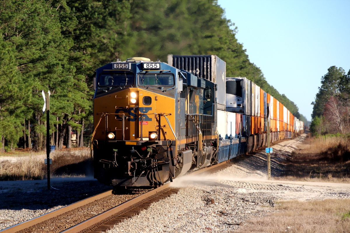 CSX 855 is a class GE ES44AC and  is pictured in Homelamd, Georgia, USA.  This was taken along the Folkston/CSX on the css. Photo Copyright: Rick Doughty uploaded to Railroad Gallery on 12/19/2023. This photograph of CSX 855 was taken on Tuesday, February 23, 2021. All Rights Reserved. 