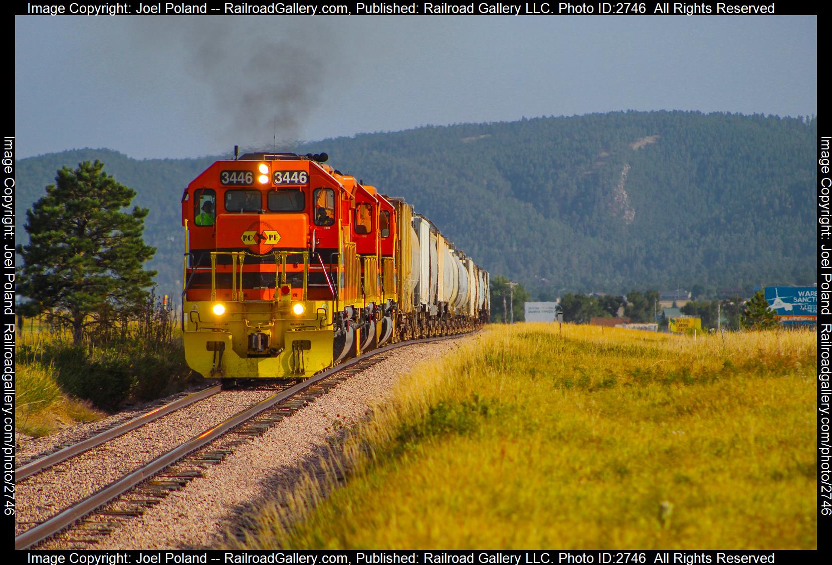 RCPE 3446 is a class EMD SD40-2 and  is pictured in Tilford, South Dakota, USA.  This was taken along the Black Hills Sub on the Rapid City, Pierre, & Eastern. Photo Copyright: Joel Poland uploaded to Railroad Gallery on 12/20/2023. This photograph of RCPE 3446 was taken on Wednesday, September 09, 2020. All Rights Reserved. 