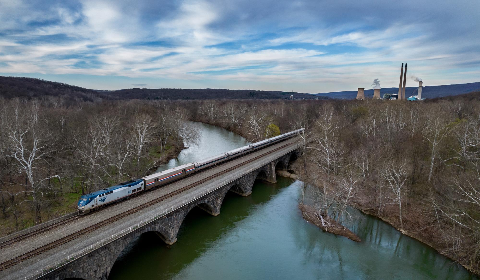 AMTK 90 is a class GE P42DC and  is pictured in New Florence, Pennsylvania, USA.  This was taken along the Pittsburgh Line on the Amtrak. Photo Copyright: Brandon Fiume uploaded to Railroad Gallery on 11/28/2022. This photograph of AMTK 90 was taken on Friday, April 15, 2022. All Rights Reserved. 