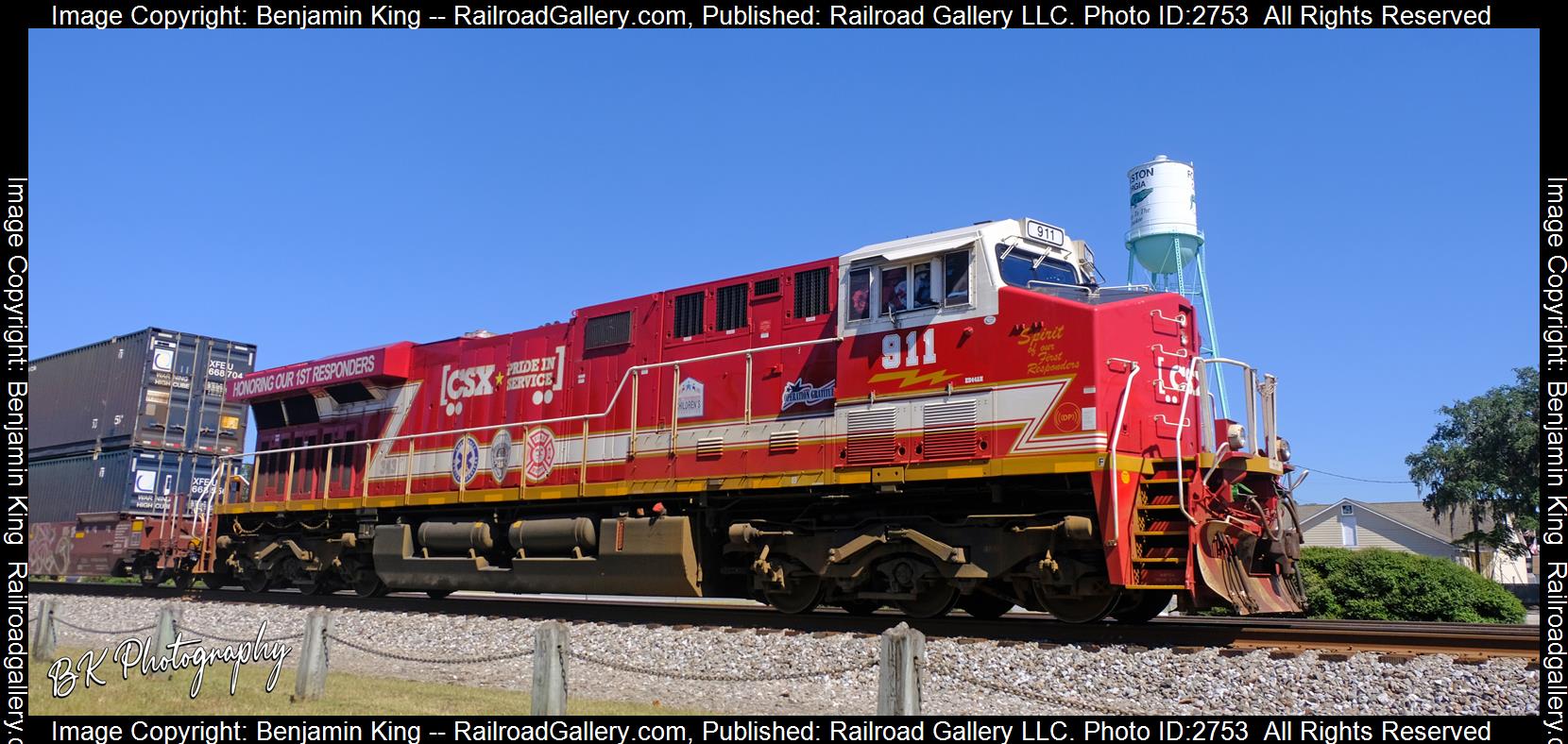 CSXT 911 is a class GE ES44AH and  is pictured in Folkston, Georgia, USA.  This was taken along the CSXT Nahunta Subdivision on the CSX Transportation. Photo Copyright: Benjamin King uploaded to Railroad Gallery on 12/22/2023. This photograph of CSXT 911 was taken on Saturday, October 15, 2022. All Rights Reserved. 