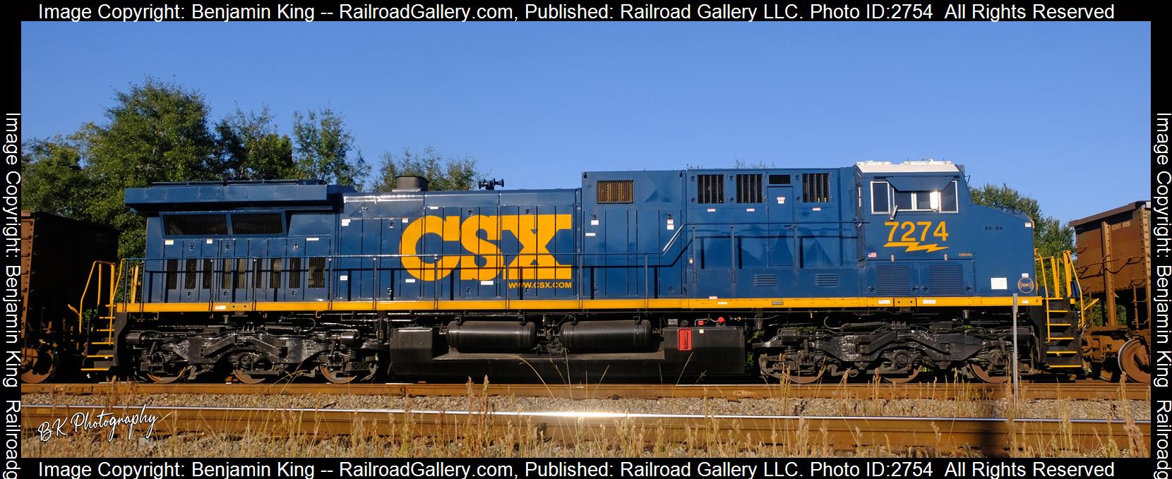 CSXT 7274 is a class GE CM44AC and  is pictured in Waycross, Georgia, USA.  This was taken along the CSXT Jesup Subdivision on the CSX Transportation. Photo Copyright: Benjamin King uploaded to Railroad Gallery on 12/22/2023. This photograph of CSXT 7274 was taken on Saturday, November 12, 2022. All Rights Reserved. 