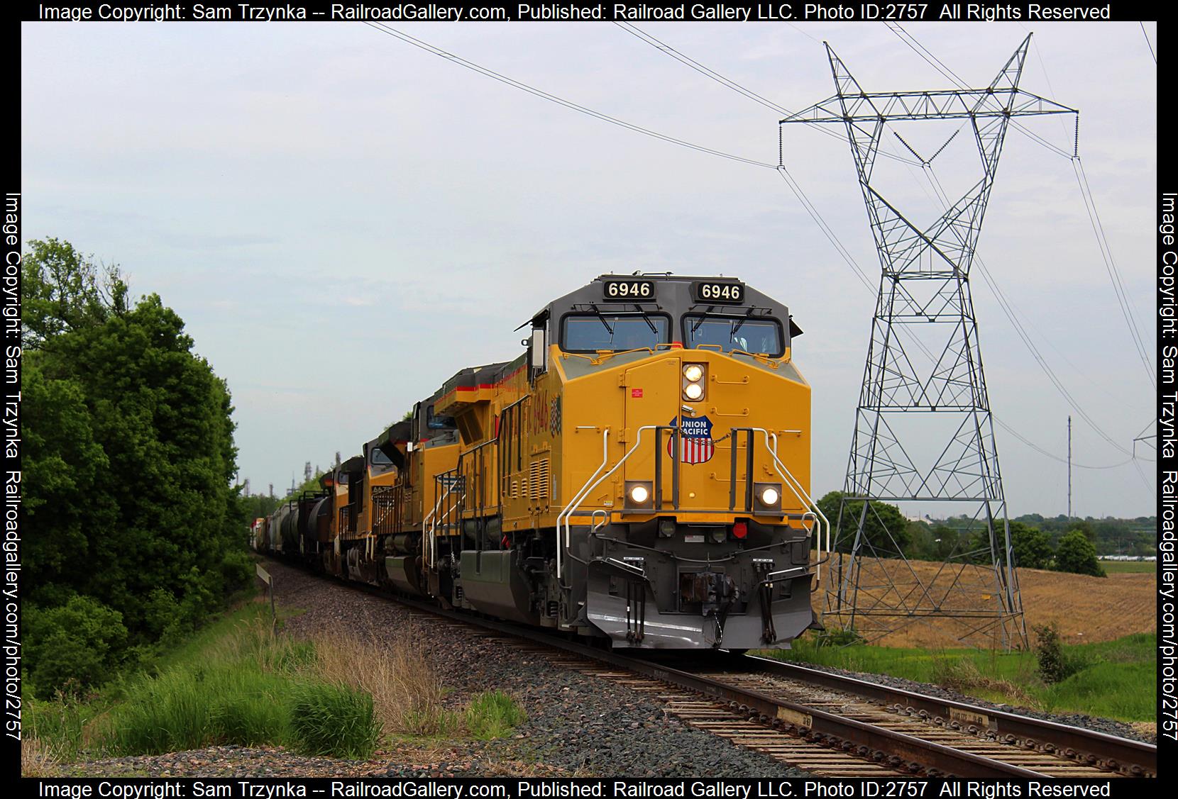 UP 6946 is a class GE C44ACM and  is pictured in Rosemount, Minnesota, USA.  This was taken along the UP Albert Lea Subdivision on the Union Pacific Railroad. Photo Copyright: Sam Trzynka uploaded to Railroad Gallery on 12/22/2023. This photograph of UP 6946 was taken on Sunday, May 28, 2023. All Rights Reserved. 