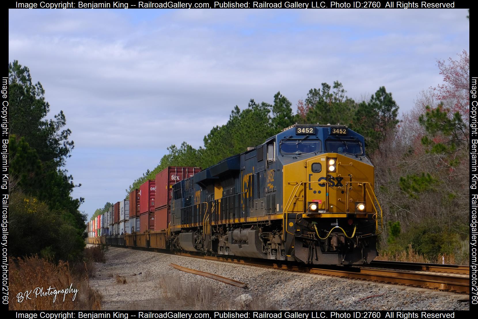 CSXT 3452 is a class GE ET44AH and  is pictured in Dinsmore, Florida, USA.  This was taken along the CSXT Nahunta Subdivision on the CSX Transportation. Photo Copyright: Benjamin King uploaded to Railroad Gallery on 12/23/2023. This photograph of CSXT 3452 was taken on Saturday, February 04, 2023. All Rights Reserved. 