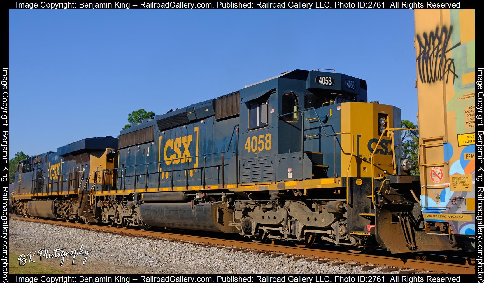 CSXT 4058 is a class EMD SD40-3 and  is pictured in Folkston, Georgia, USA.  This was taken along the CSXT Nahunta Subdivision on the CSX Transportation. Photo Copyright: Benjamin King uploaded to Railroad Gallery on 12/23/2023. This photograph of CSXT 4058 was taken on Saturday, October 15, 2022. All Rights Reserved. 