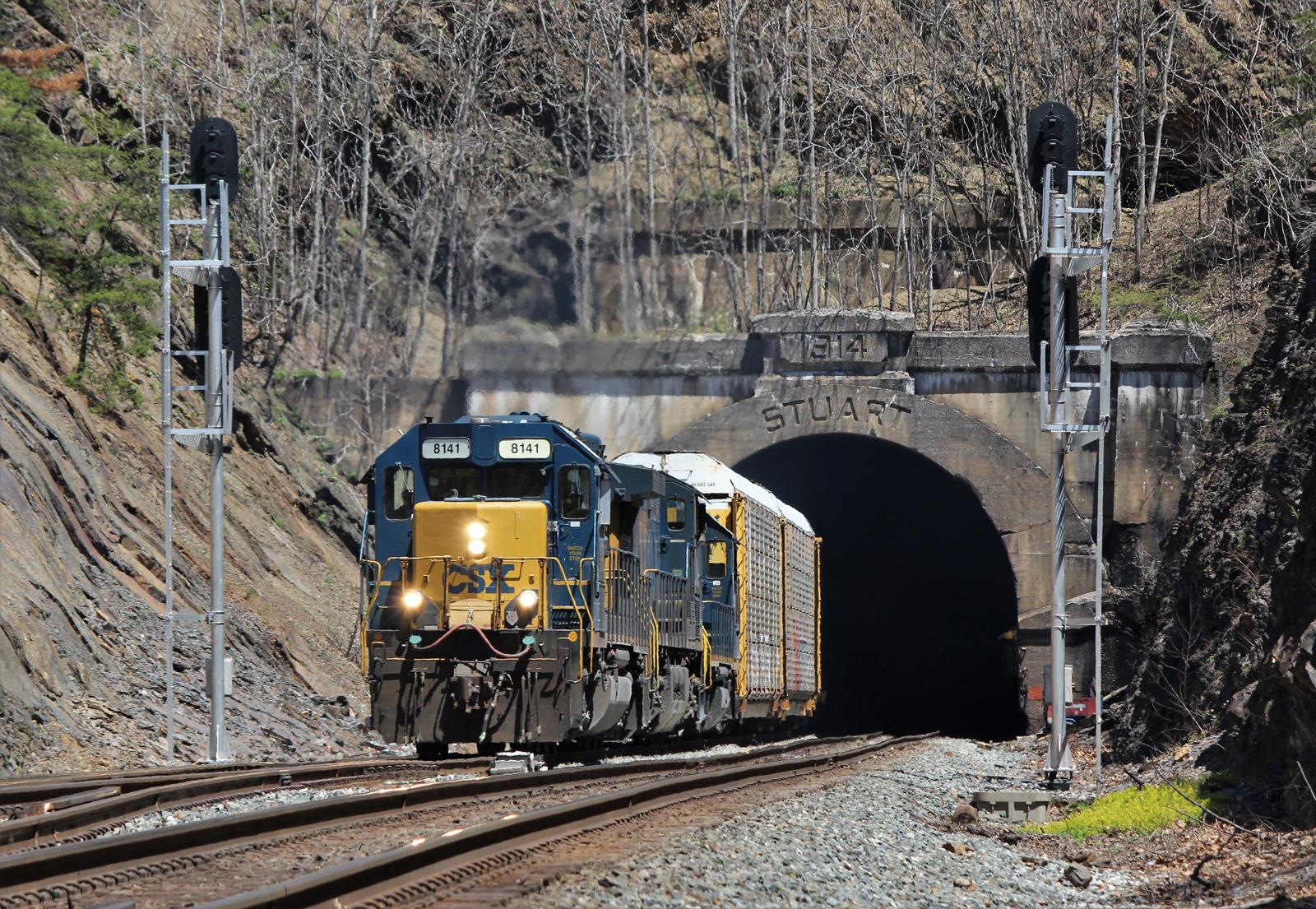 CSX 8141 is a class EMD SD40-2 and  is pictured in Magnolia, West Virginia, USA.  This was taken along the CSX Cumberland Sub/Magnolia Cutoff on the CSX Transportation. Photo Copyright: Marc Lingenfelter uploaded to Railroad Gallery on 11/29/2022. This photograph of CSX 8141 was taken on Sunday, April 27, 2014. All Rights Reserved. 