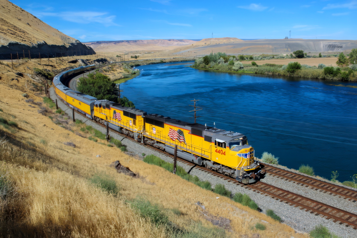 UP 4404 is a class EMD SD70M and  is pictured in Glenns Ferry, Idaho, USA.  This was taken along the Nampa/UP on the Union Pacific Railroad. Photo Copyright: Rick Doughty uploaded to Railroad Gallery on 12/26/2023. This photograph of UP 4404 was taken on Saturday, August 12, 2023. All Rights Reserved. 