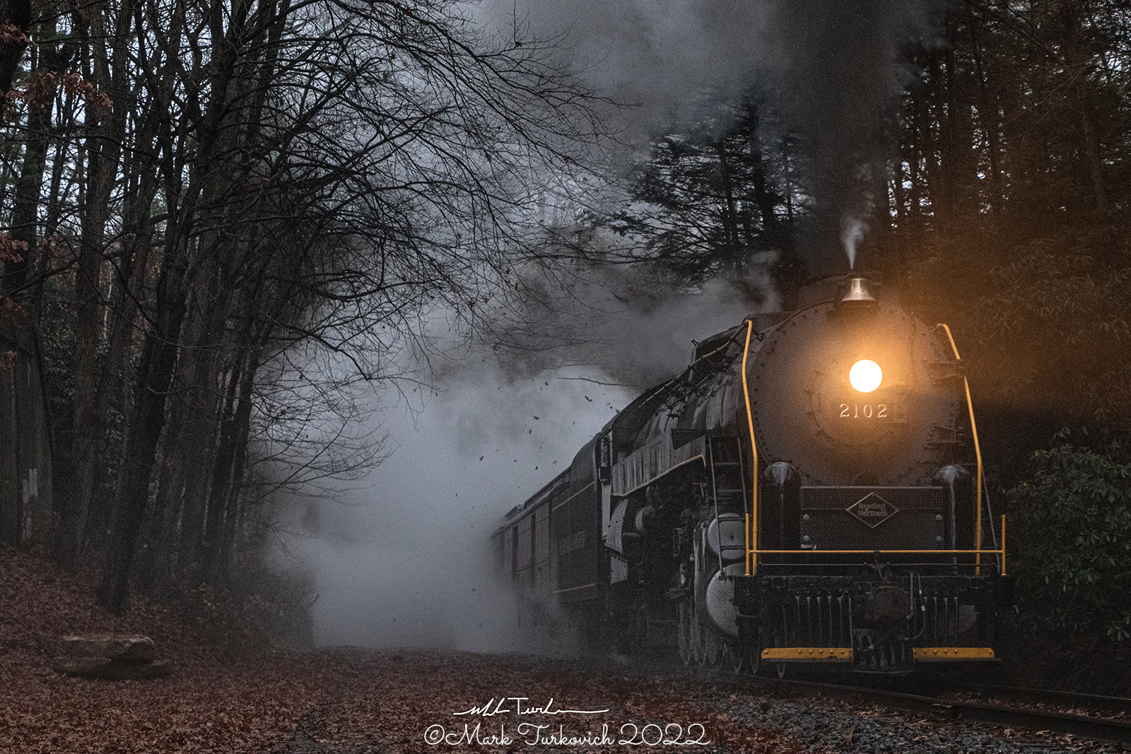 RDG 2102 is a class T-1 and  is pictured in Nesquehoning, Pennsylvania, USA.  This was taken along the Nesquehoning Tunnel on the Reading Company. Photo Copyright: Mark Turkovich uploaded to Railroad Gallery on 11/29/2022. This photograph of RDG 2102 was taken on Sunday, November 06, 2022. All Rights Reserved. 