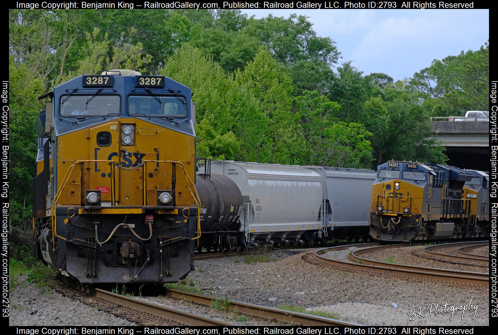 CSXT 3287, CSXT 3430 is a class GE ET44AH and  is pictured in Waycross, Georgia, USA.  This was taken along the CSXT Fitzgerald Subdivision on the CSX Transportation. Photo Copyright: Benjamin King uploaded to Railroad Gallery on 12/27/2023. This photograph of CSXT 3287, CSXT 3430 was taken on Saturday, April 01, 2023. All Rights Reserved. 