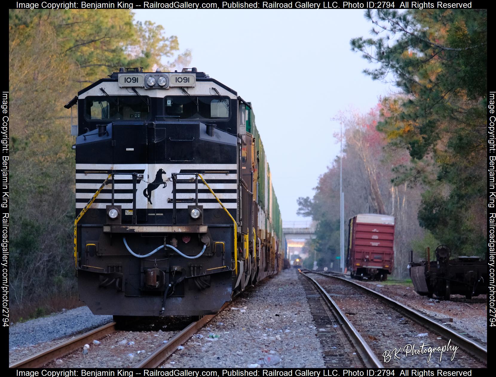 NS 1091 is a class EMD SD70ACe and  is pictured in Jacksonville, Florida, USA.  This was taken along the NS GS&F Subdivision on the Norfolk Southern. Photo Copyright: Benjamin King uploaded to Railroad Gallery on 12/27/2023. This photograph of NS 1091 was taken on Saturday, February 04, 2023. All Rights Reserved. 