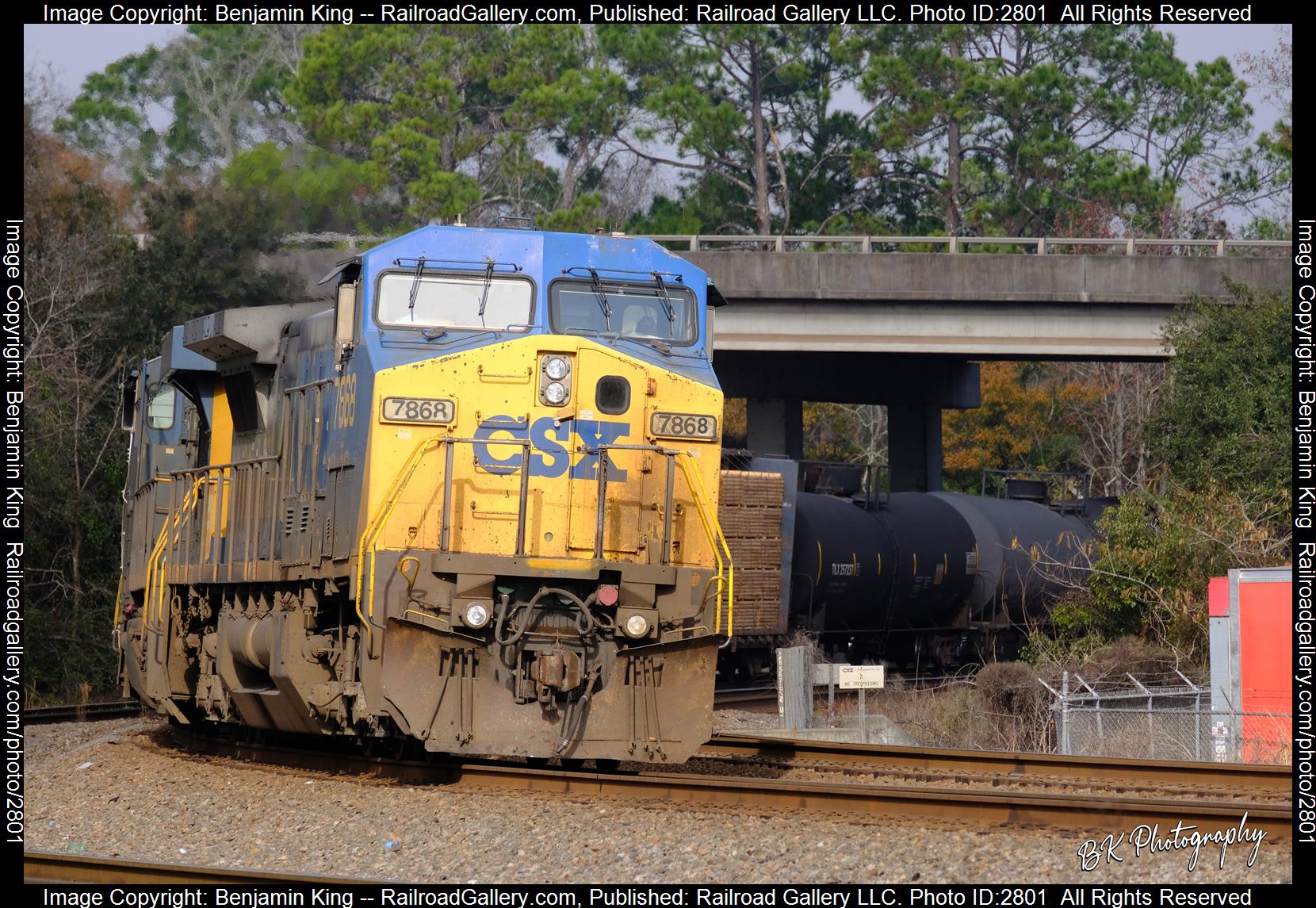 CSXT 7868 is a class GE C40-8W (Dash 8-40CW) and  is pictured in Waycross, Georgia, USA.  This was taken along the CSXT Fitzgerald Subdivision on the CSX Transportation. Photo Copyright: Benjamin King uploaded to Railroad Gallery on 12/28/2023. This photograph of CSXT 7868 was taken on Monday, January 02, 2023. All Rights Reserved. 