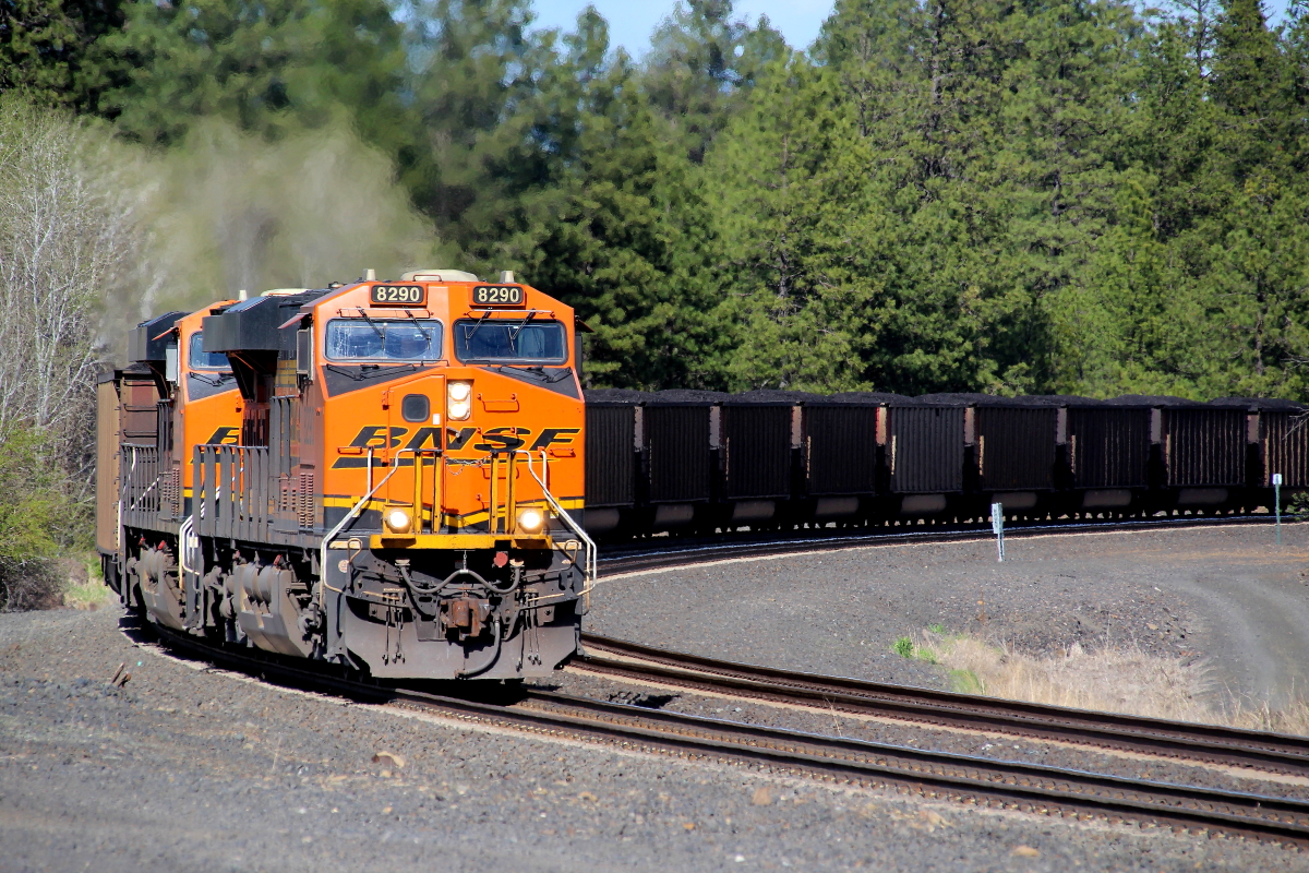 BNSF 8290 is a class GE ET44AC and  is pictured in Cheney, Washington, USA.  This was taken along the Pasco/BNSF on the BNSF Railway. Photo Copyright: Rick Doughty uploaded to Railroad Gallery on 12/28/2023. This photograph of BNSF 8290 was taken on Sunday, May 02, 2021. All Rights Reserved. 