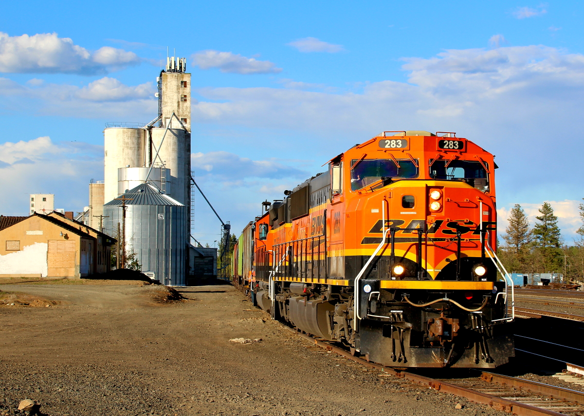 BNSF 283 is a class EMD SD75I and  is pictured in Cheney, Washington, USA.  This was taken along the Pasco/BNSF on the BNSF Railway. Photo Copyright: Rick Doughty uploaded to Railroad Gallery on 12/28/2023. This photograph of BNSF 283 was taken on Sunday, May 02, 2021. All Rights Reserved. 