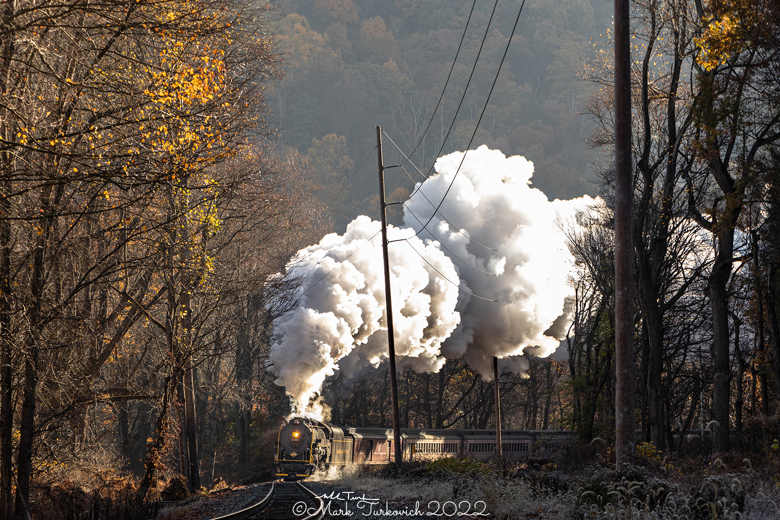 RDG 2102 is a class T-1 and  is pictured in Molino, Pennsylvania, USA.  This was taken along the Black Oak Curve on the Reading Company. Photo Copyright: Mark Turkovich uploaded to Railroad Gallery on 11/29/2022. This photograph of RDG 2102 was taken on Saturday, October 29, 2022. All Rights Reserved. 